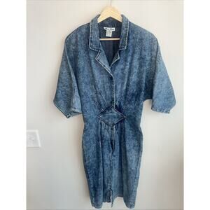Mizz Lizz Vintage Denim Dress 80’s Blue Pleated Jean Doleman Sleeve Cinched Wais